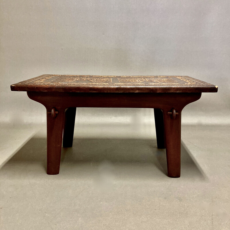 Vintage wood and leather coffee table by Angel Pazmino, 1960