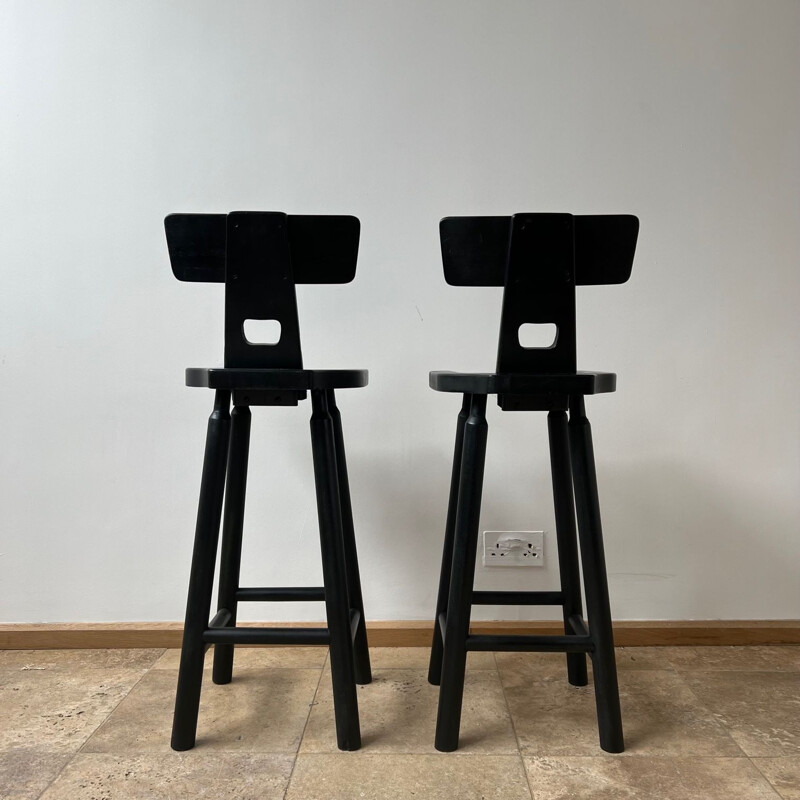 Pair of mid-century brutalist black bar stools, 1970