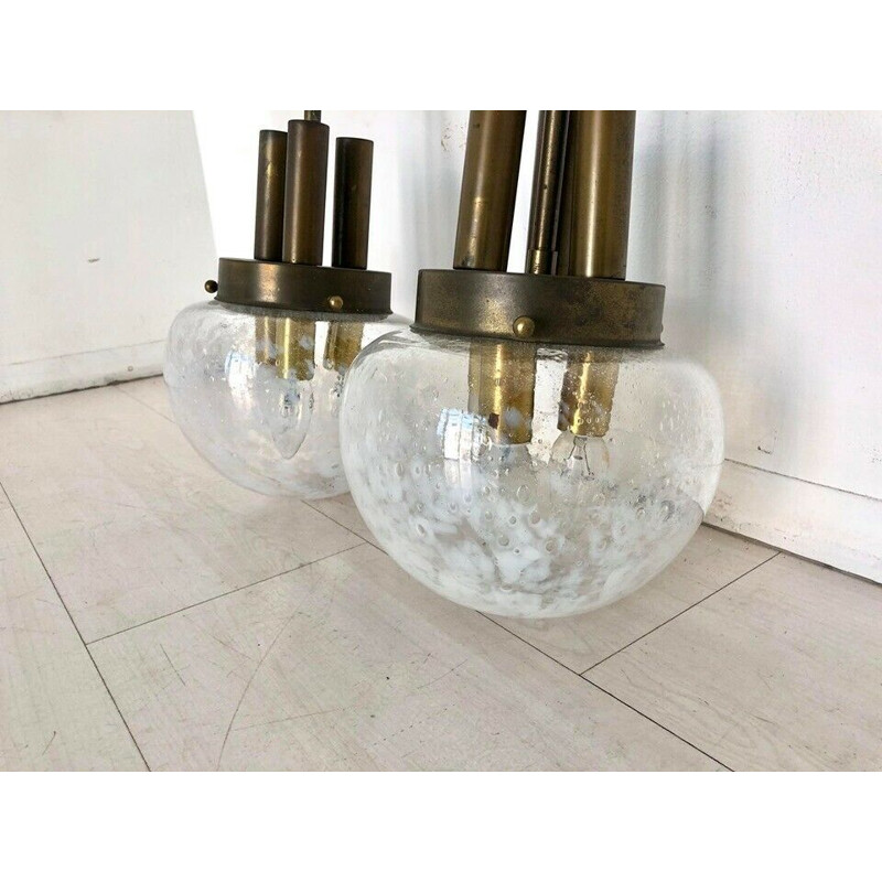 Pair of vintage 3-light brass and glass chandeliers, 1950