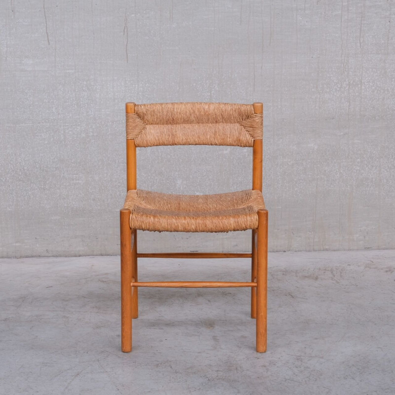 Set of 4 mid-century "Dordogne" rush dining chairs by Charlotte Perriand, France 1950s