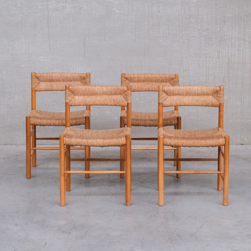 Set of 4 mid-century "Dordogne" rush dining chairs by Charlotte Perriand, France 1950s