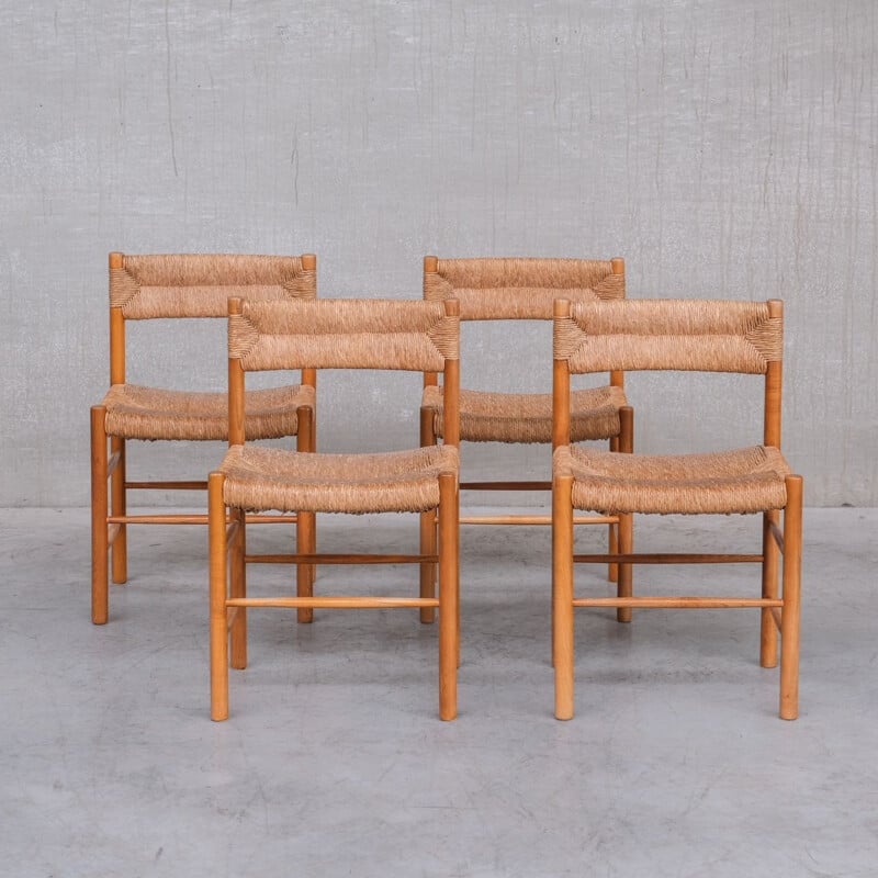 Set van 4 vintage "Dordogne" biezen stoelen van Charlotte Perriand, Frankrijk 1950