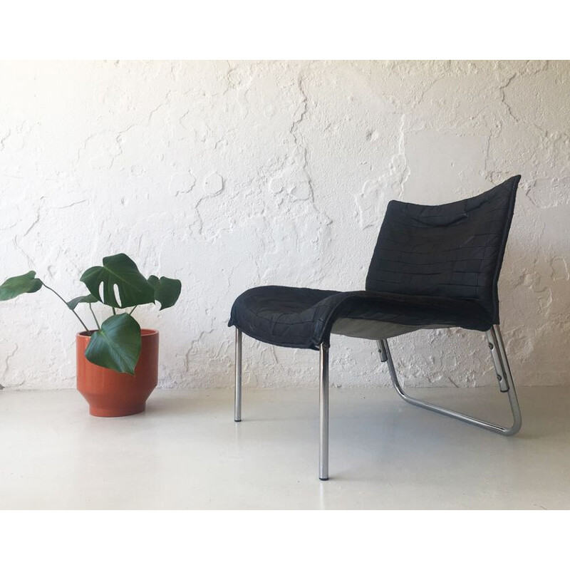 Vintage zwart leer en metalen fauteuil, 1970