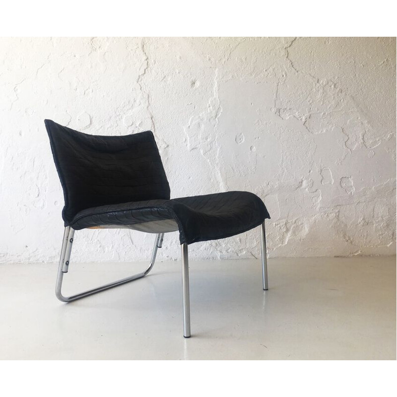 Vintage leather black and metal armchair, 1970s