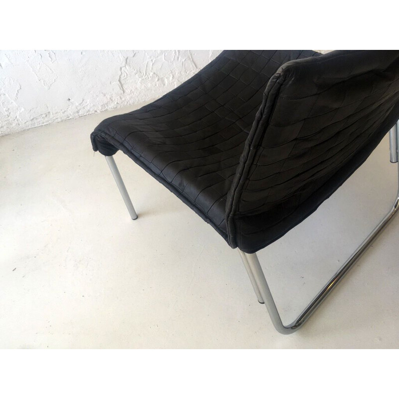 Vintage zwart leer en metalen fauteuil, 1970