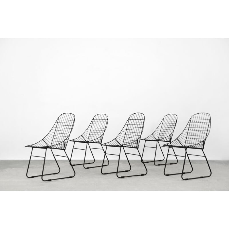 Set of 5 vintage scandinavian mid-century modern minimalist black wire prototype chair, 1960s