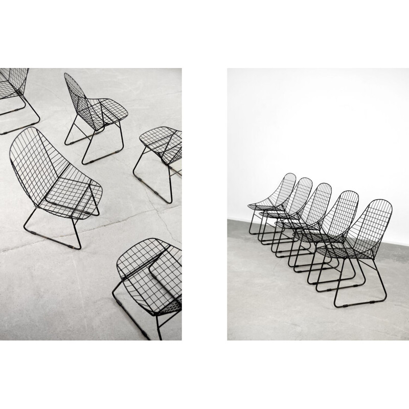 Set of 5 vintage scandinavian mid-century modern minimalist black wire prototype chair, 1960s