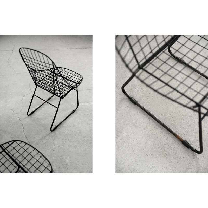 Set of 5 vintage scandinavian mid-century modern minimalist black wire prototype chair, 1960s
