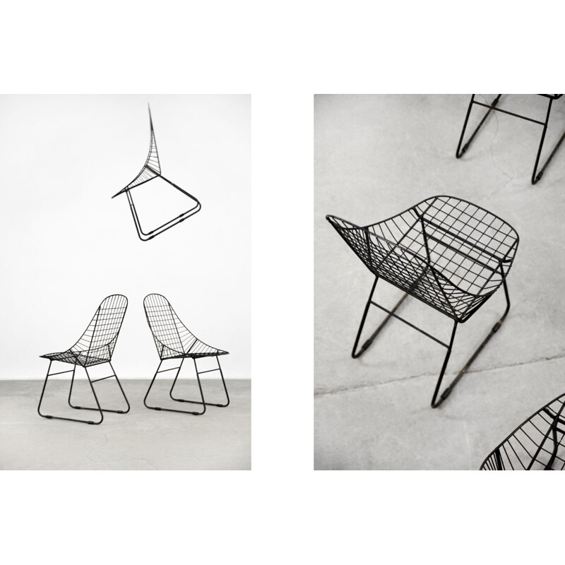 5 Stühle Vintage skandinavisch modern mid-century minimalistisch aus schwarzem Draht, 1960