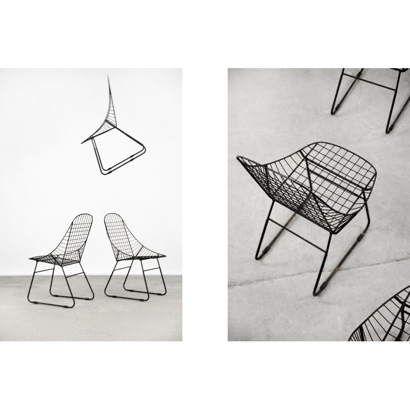 Set of 5 vintage scandinavian mid-century modern minimalist black wire prototype chair, 1960s