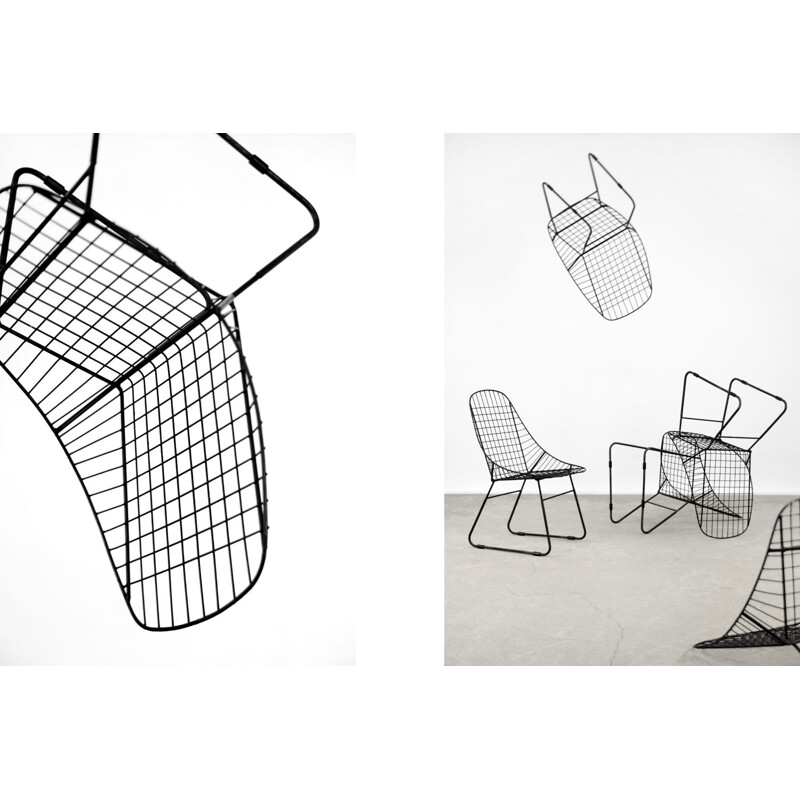 5 Stühle Vintage skandinavisch modern mid-century minimalistisch aus schwarzem Draht, 1960