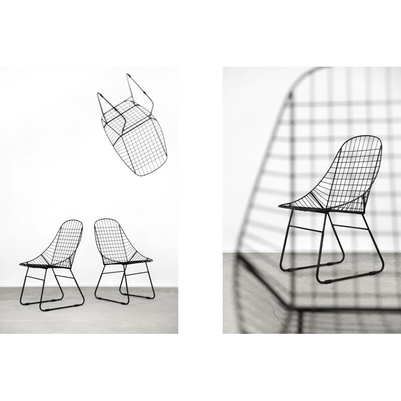 Set of 5 vintage scandinavian mid-century modern minimalist black wire prototype chair, 1960s