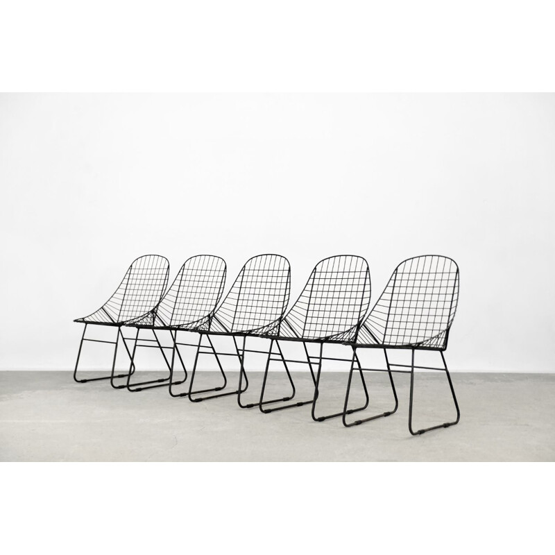 Set of 5 vintage scandinavian mid-century modern minimalist black wire prototype chair, 1960s