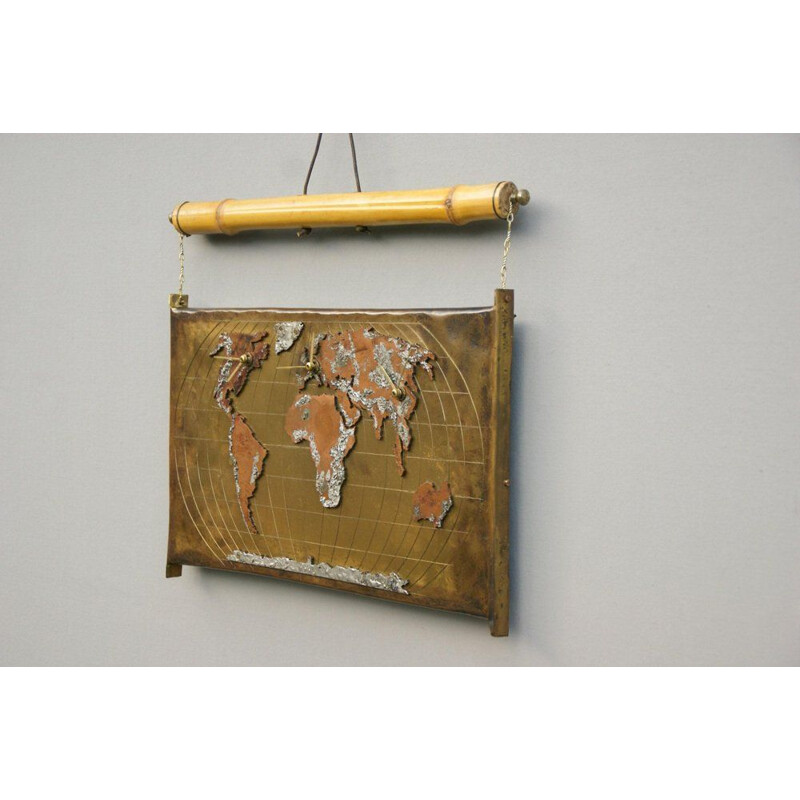Mid-century world map wall clock in brass and bamboo, 1980