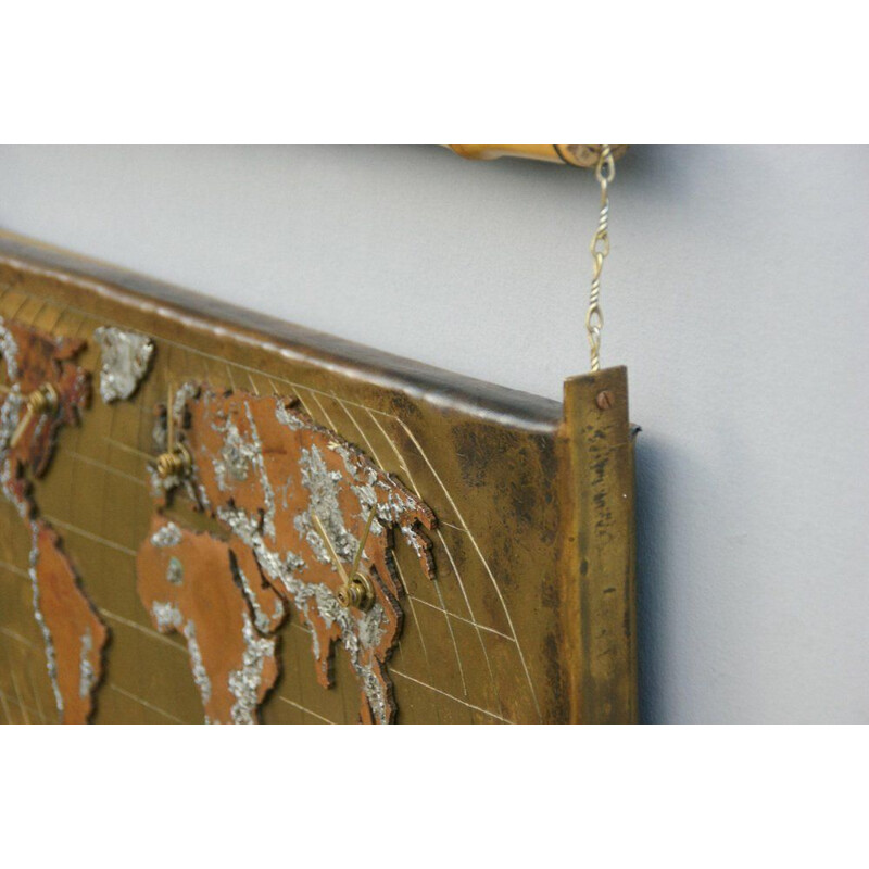 Mid-century world map wall clock in brass and bamboo, 1980