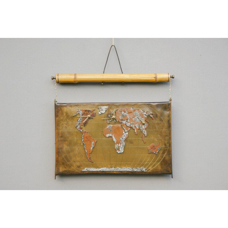 Mid-century world map wall clock in brass and bamboo, 1980