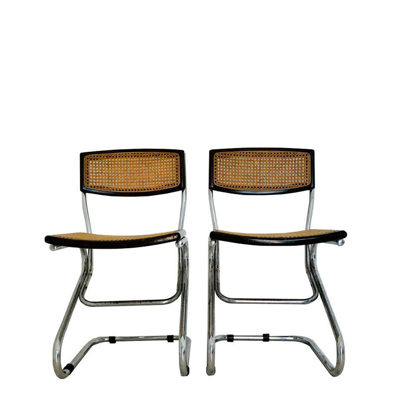 Paar vintage stoelen van hout en stro uit Wenen, 1970