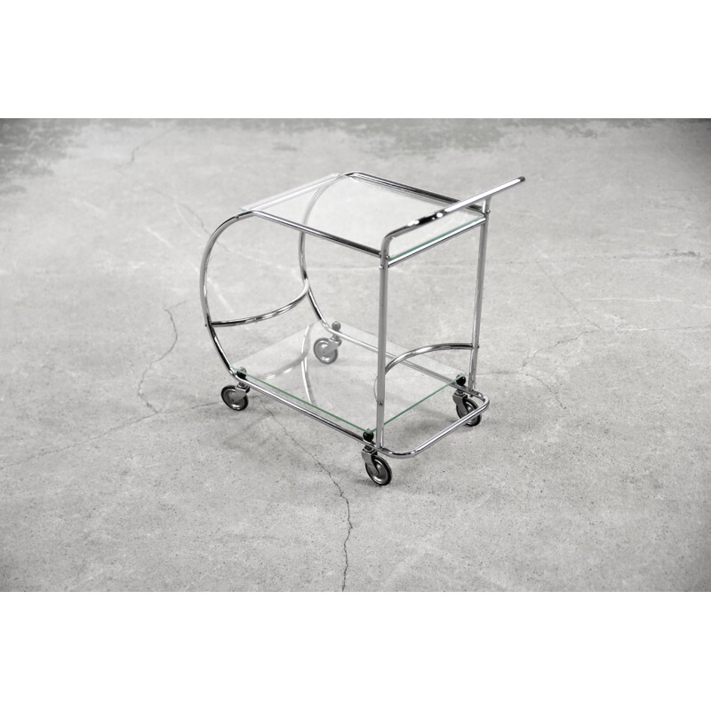 Chromed tubular steel and glass bar cart, 1950