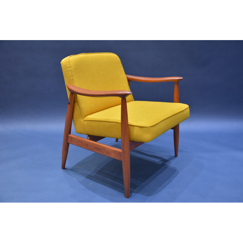 Soviet Varsovie armchair in yellow fabric and oak - 1960s