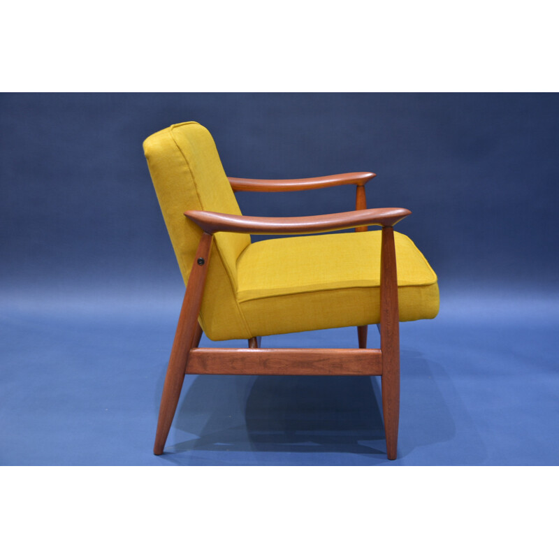 Soviet Varsovie armchair in yellow fabric and oak - 1960s