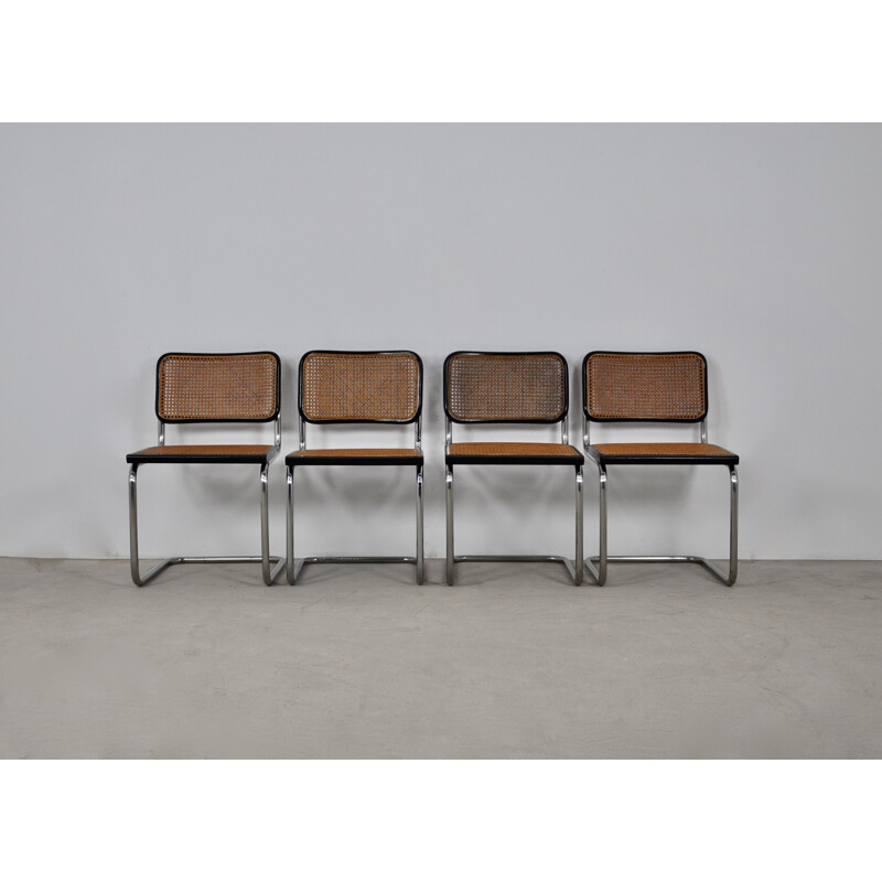 Set of 4 vintage chairs in metal, wood and rattan by Marcel Breuer