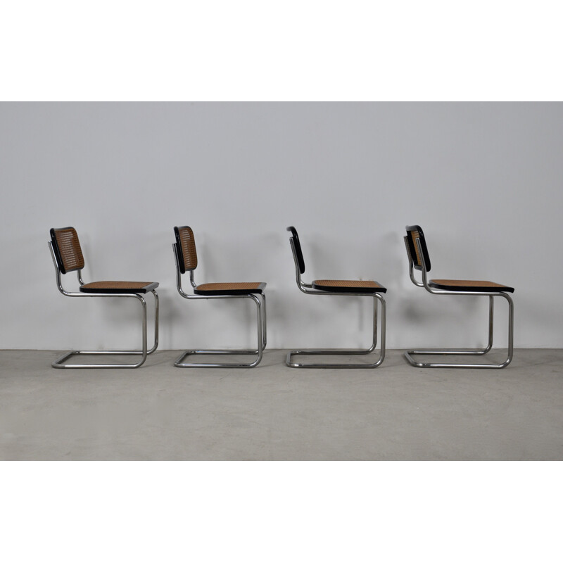 Set of 4 vintage chairs in metal, wood and rattan by Marcel Breuer