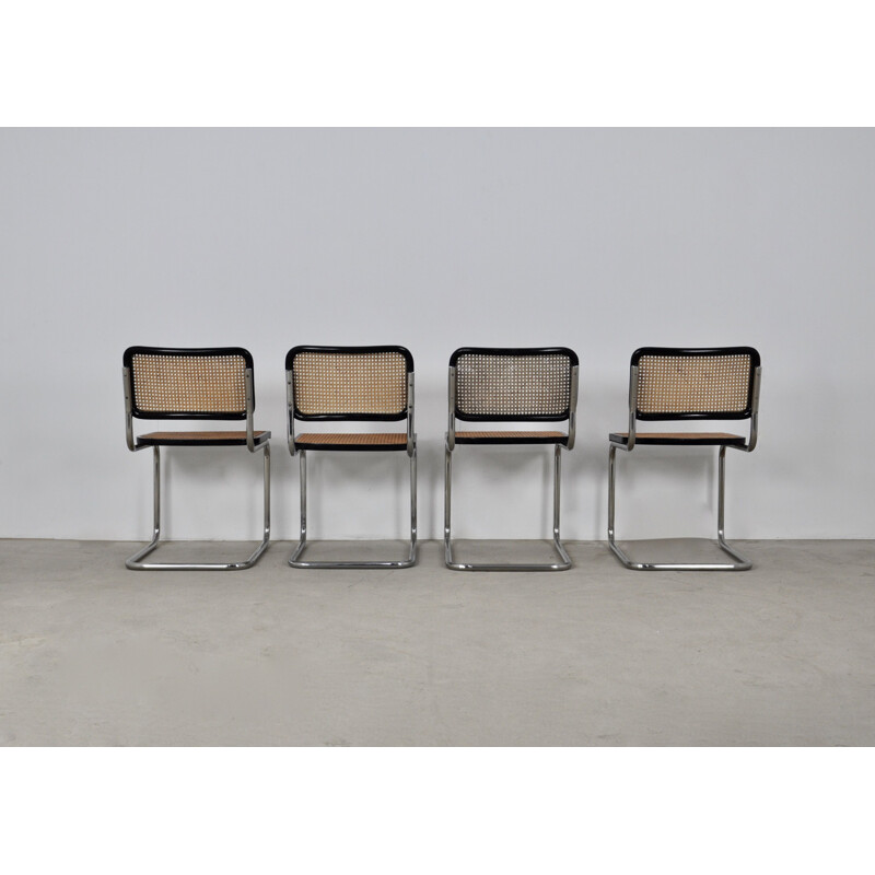 Ensemble de 4 chaises vintage en métal, bois et rotin par Marcel Breuer