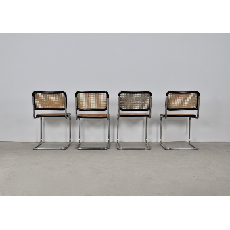 Set of 4 vintage chairs in metal, wood and rattan by Marcel Breuer