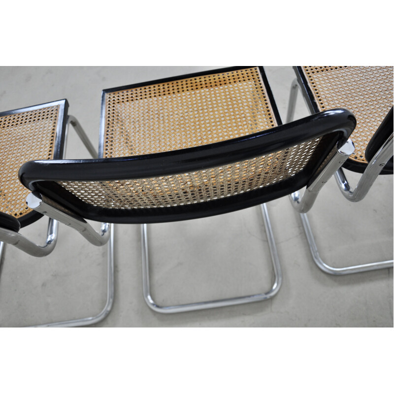 Set of 4 vintage chairs in metal, wood and rattan by Marcel Breuer