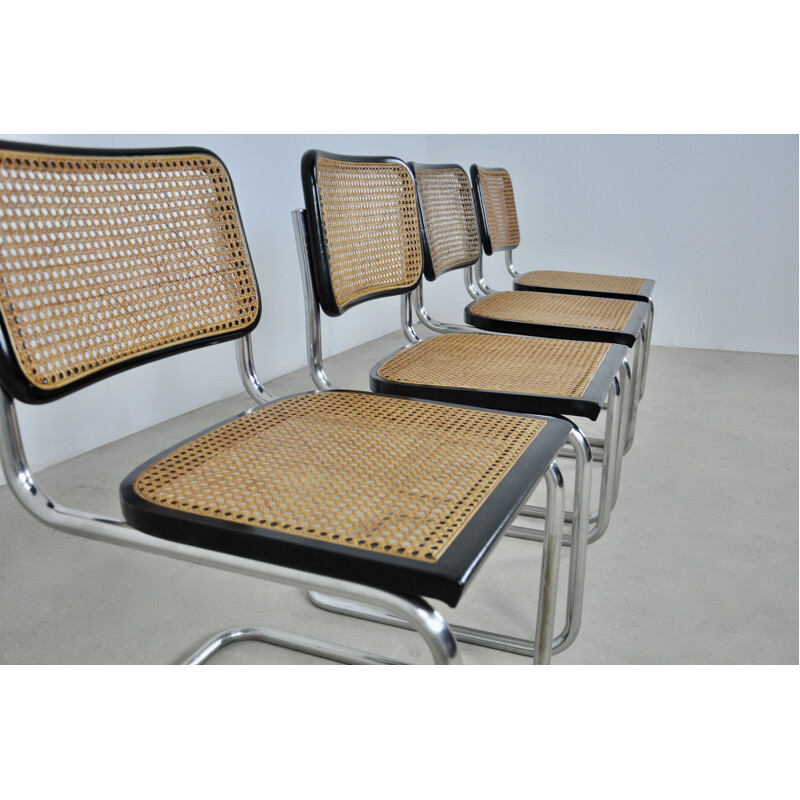 Set of 4 vintage chairs in metal, wood and rattan by Marcel Breuer