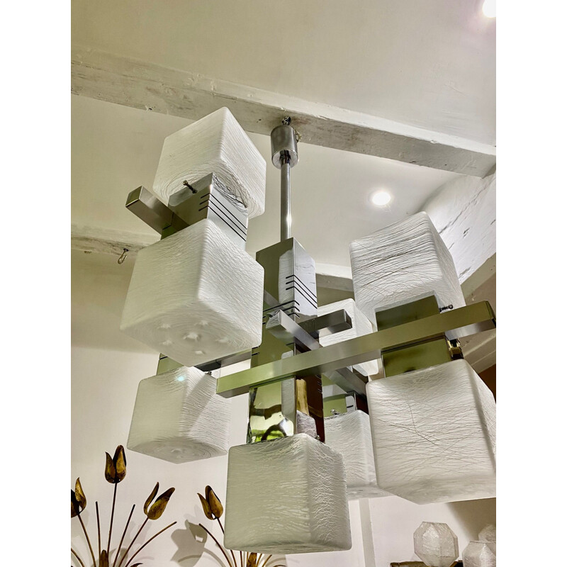Vintage chandelier with 9 cubes in Murano glass by Gaetano Sciolari, 1970s