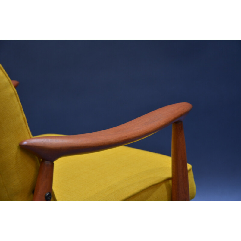 Soviet Varsovie armchair in yellow fabric and oak - 1960s