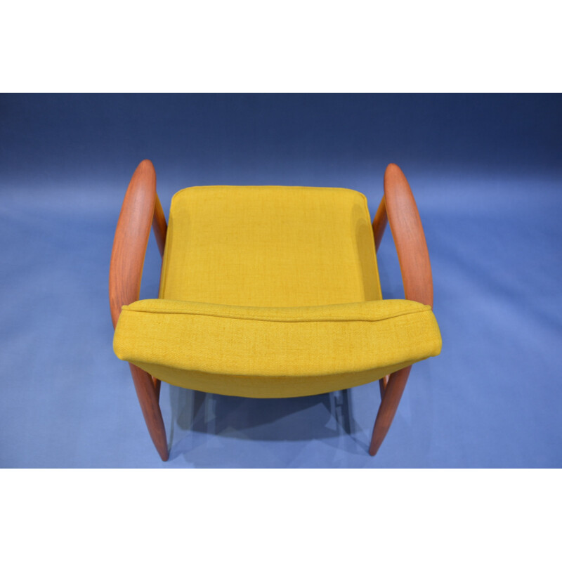 Soviet Varsovie armchair in yellow fabric and oak - 1960s