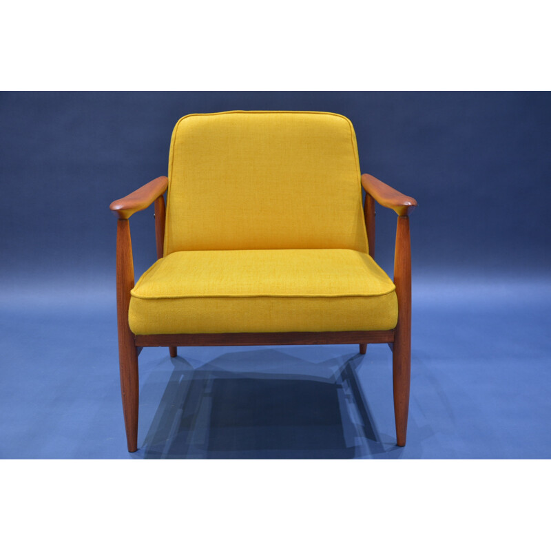 Soviet Varsovie armchair in yellow fabric and oak - 1960s