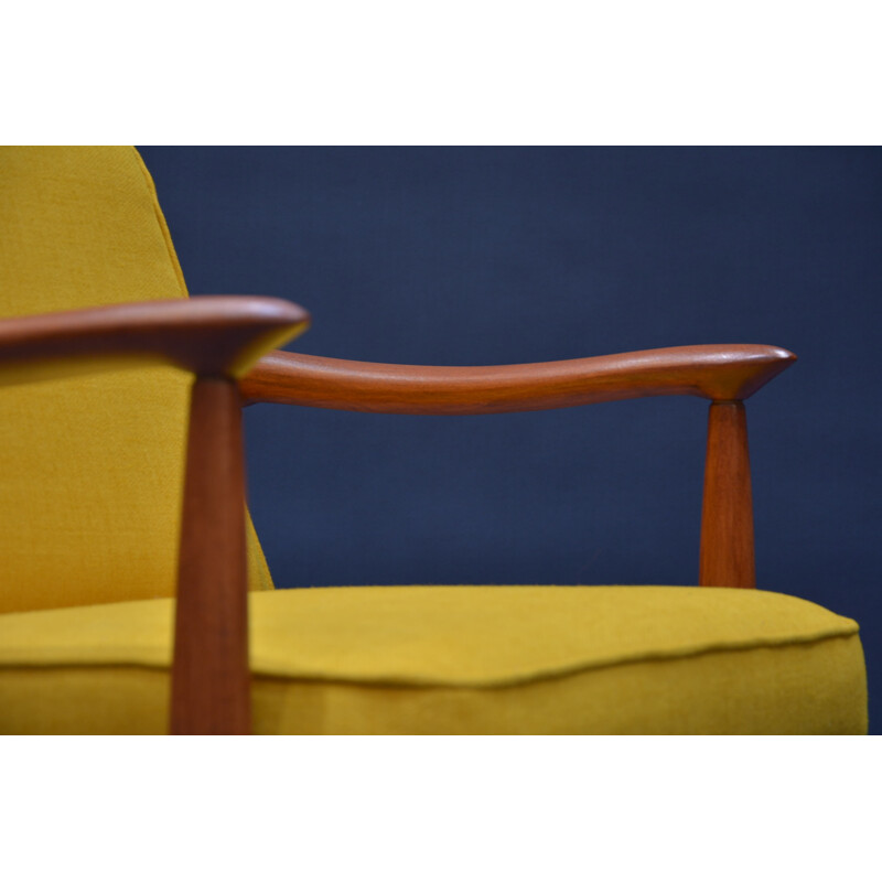 Soviet Varsovie armchair in yellow fabric and oak - 1960s