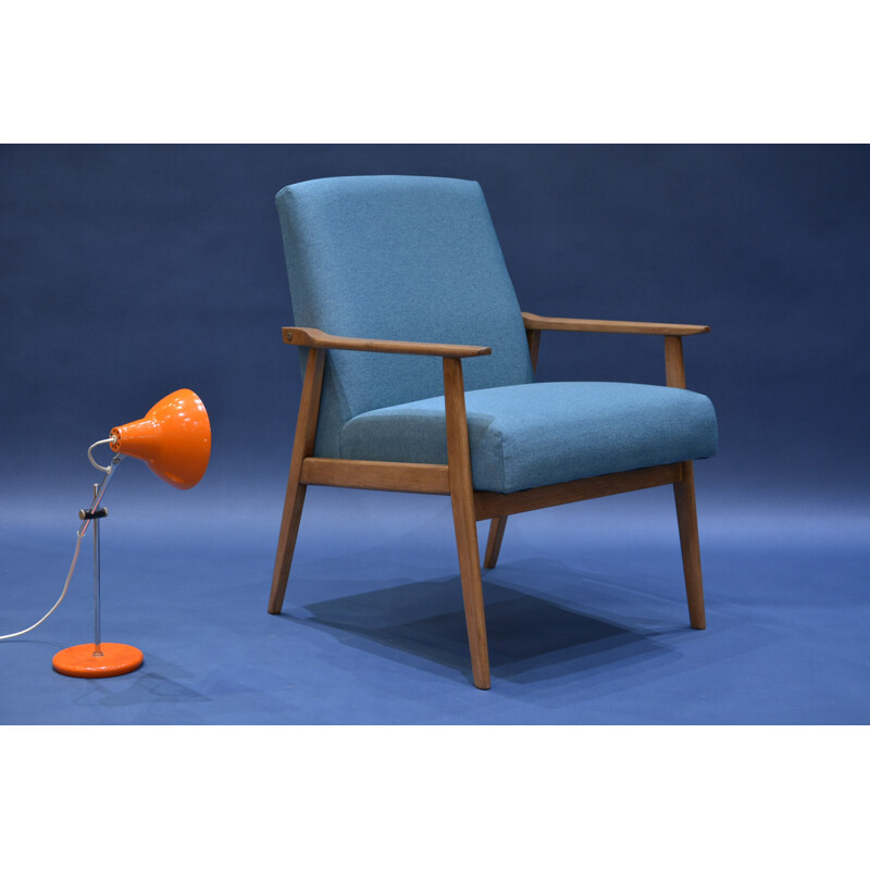 Fauteuil Snieznik en chêne et tissu bleu pétrole - 1960