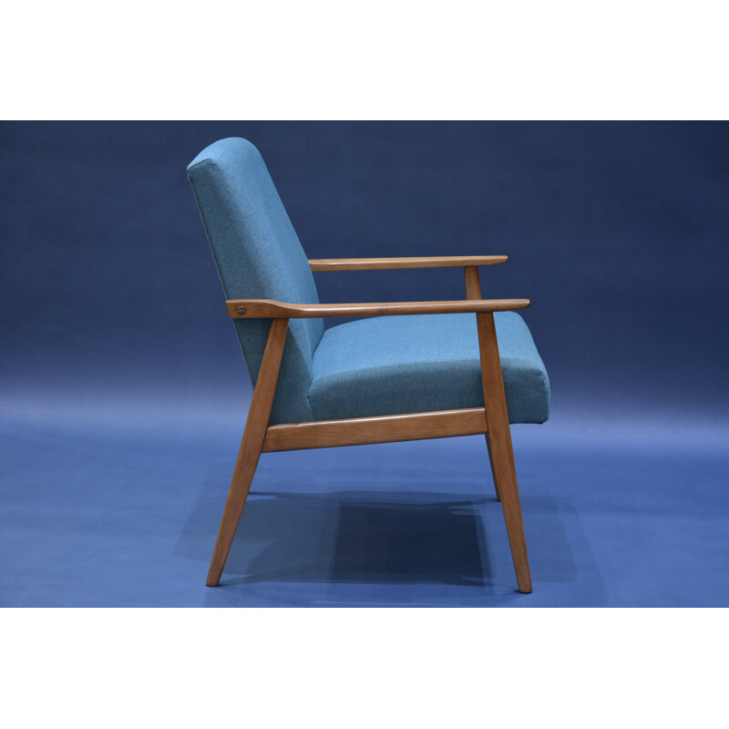 Fauteuil Snieznik en chêne et tissu bleu pétrole - 1960