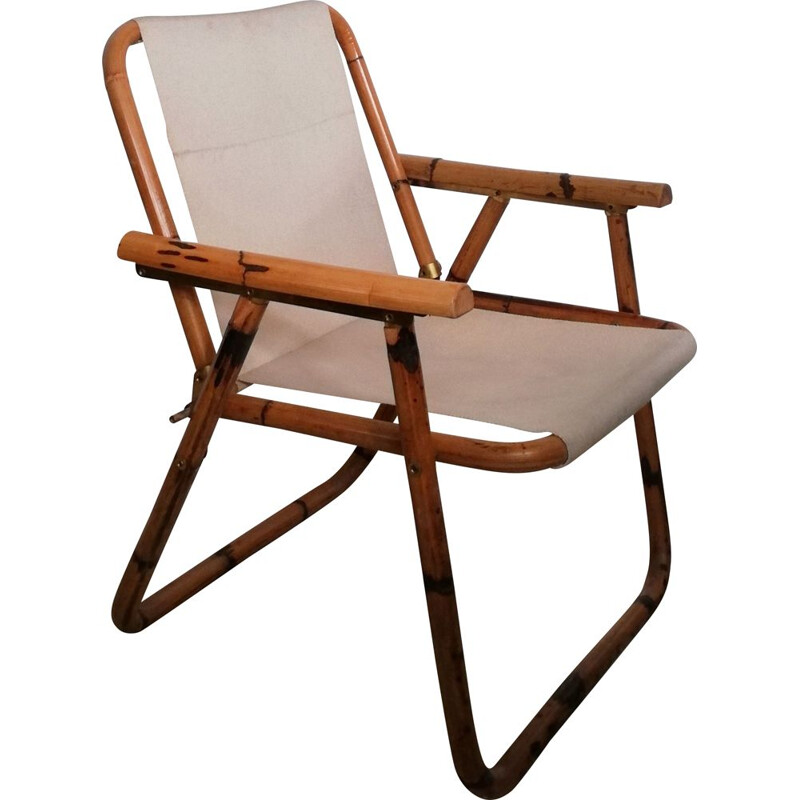 Vintage bamboo & fabric folding armchair, 1960s