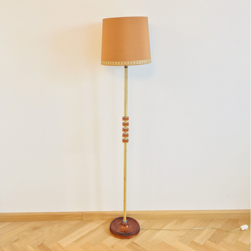 Scandinavian mid-century glass & brass floor lamp by Carl Fagerlund for Orrefors, Sweden 1960s