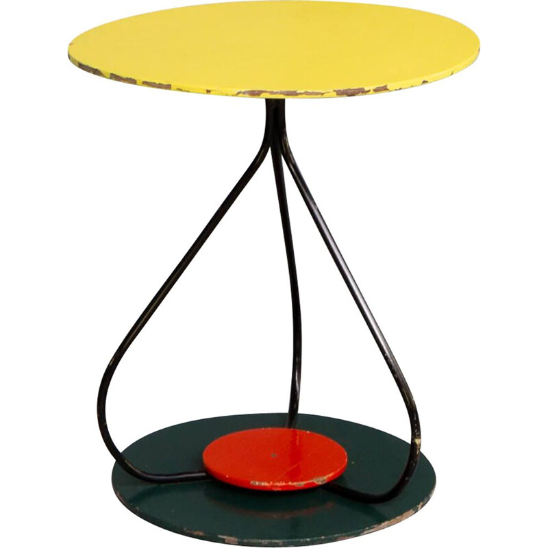 Vintage round metal and lacquered wooden French side table, 1970s