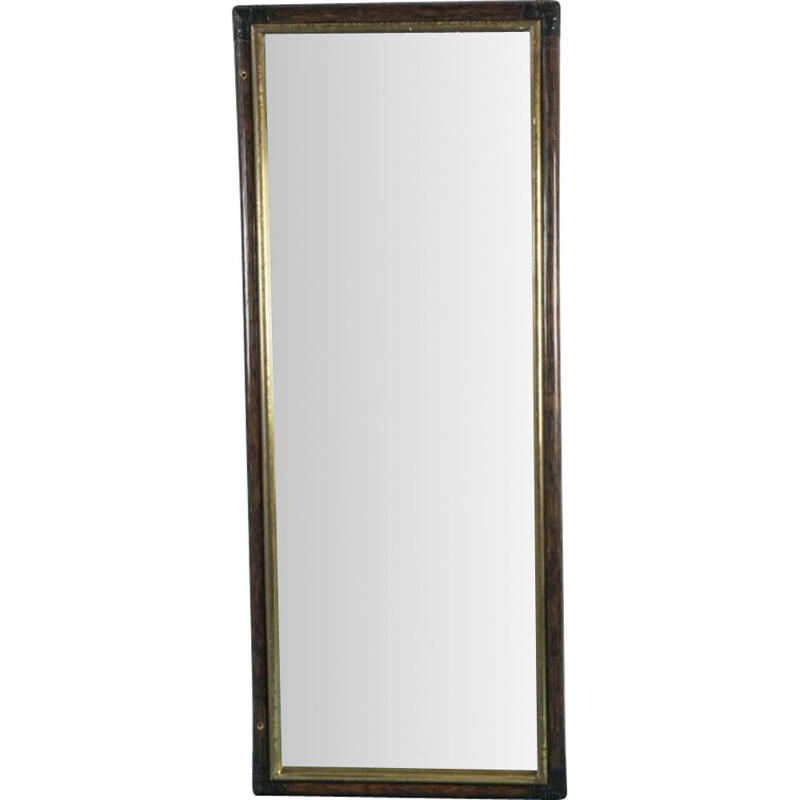 Vintage wooden mirror with brown and brass colored bamboo frame, 1970s