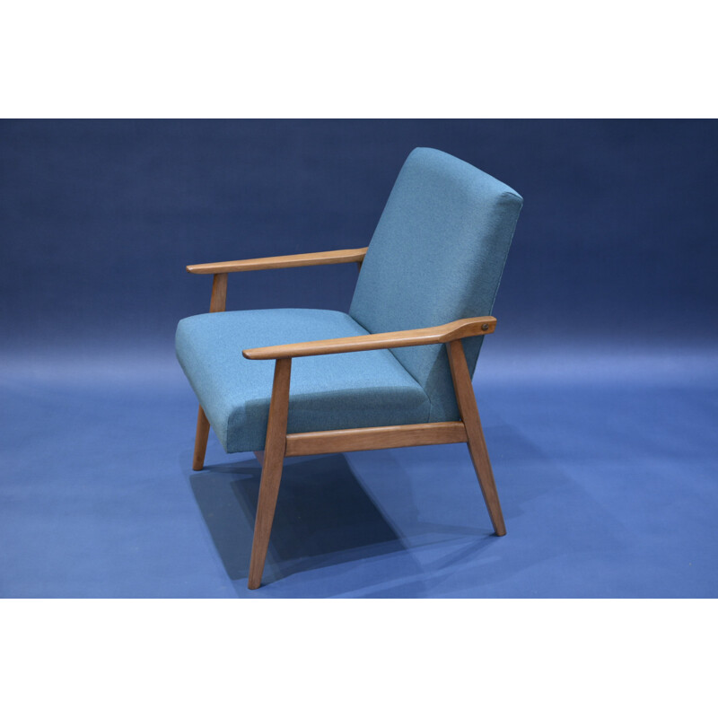 Snieznik armchair in oak and petrol blue fabric - 1960s