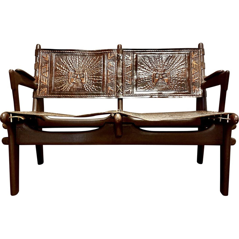 Sofá vintage de madera y cuero de Angel Pazmino, 1960