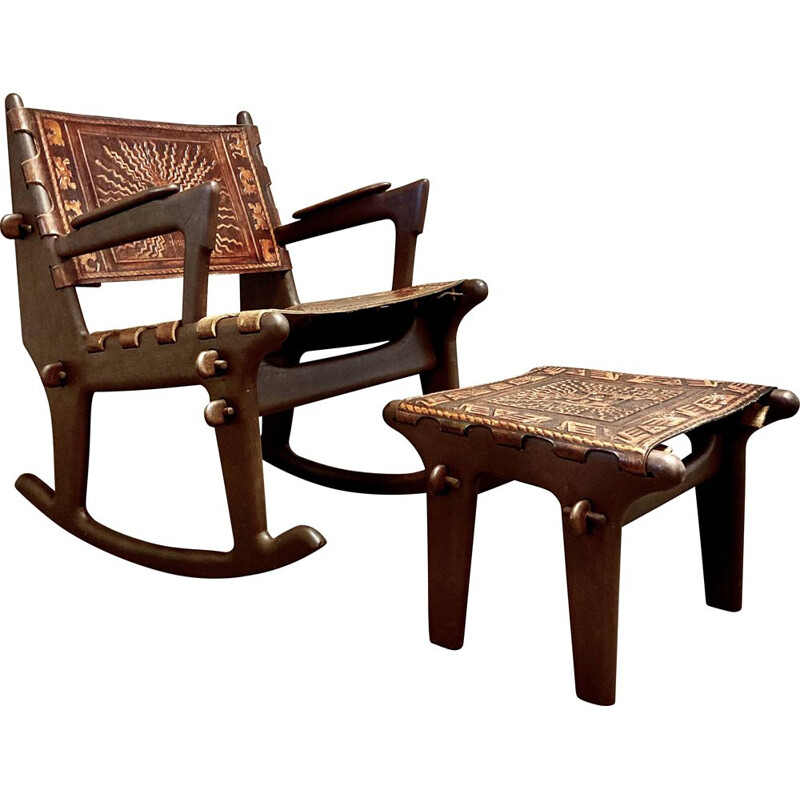 Vintage houten en lederen schommelstoel en voetenbank van Angel Pazmino, 1960