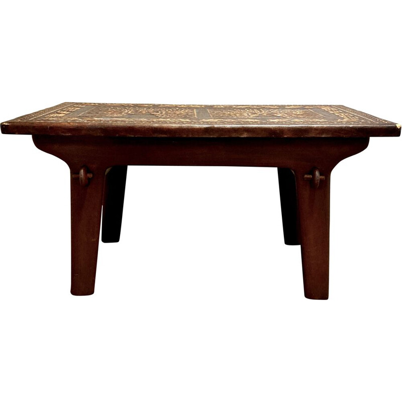 Table basse vintage en bois et cuir par Angel Pazmino, 1960