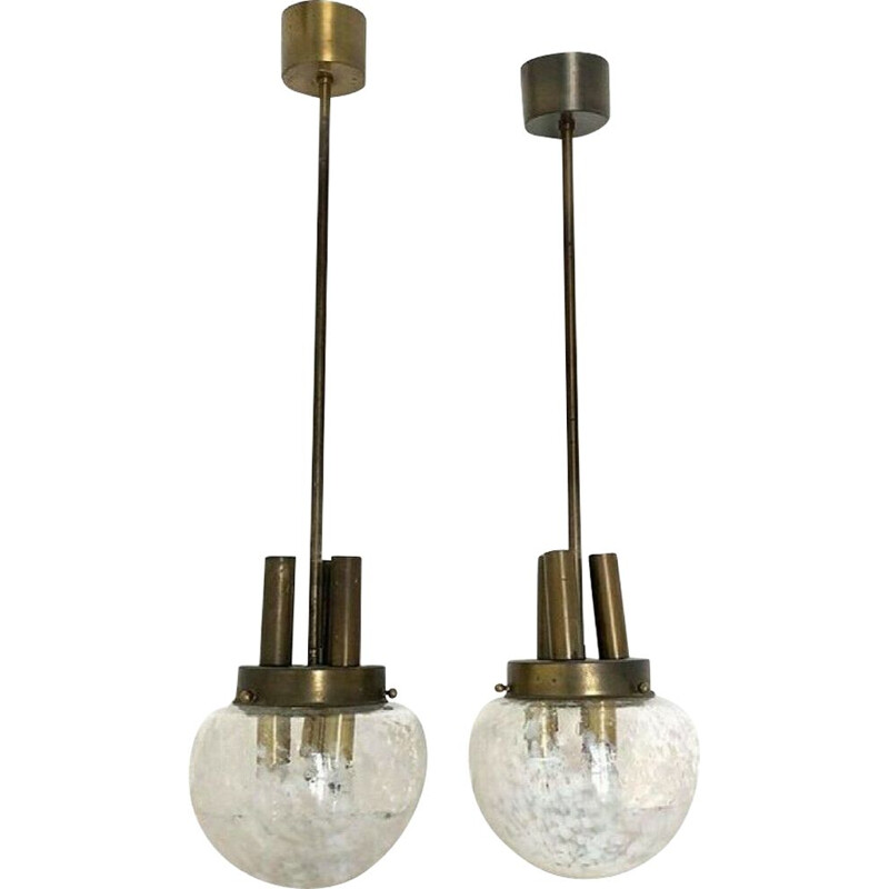 Pair of vintage 3-light brass and glass chandeliers, 1950