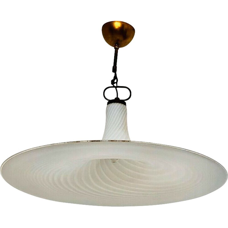Vintage brass and murano glass chandelier with white spiral, 1960