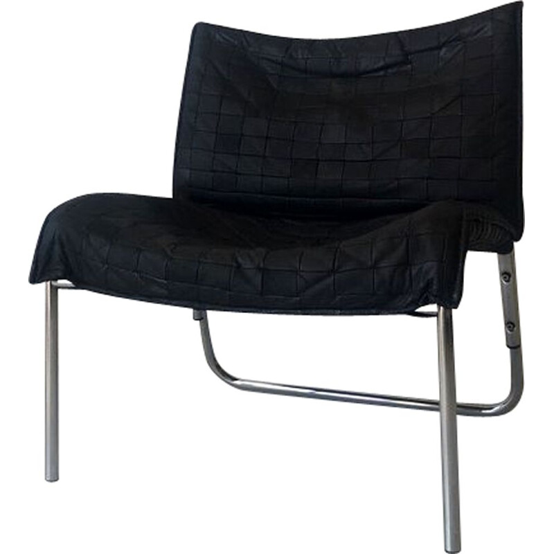 Vintage zwart leer en metalen fauteuil, 1970