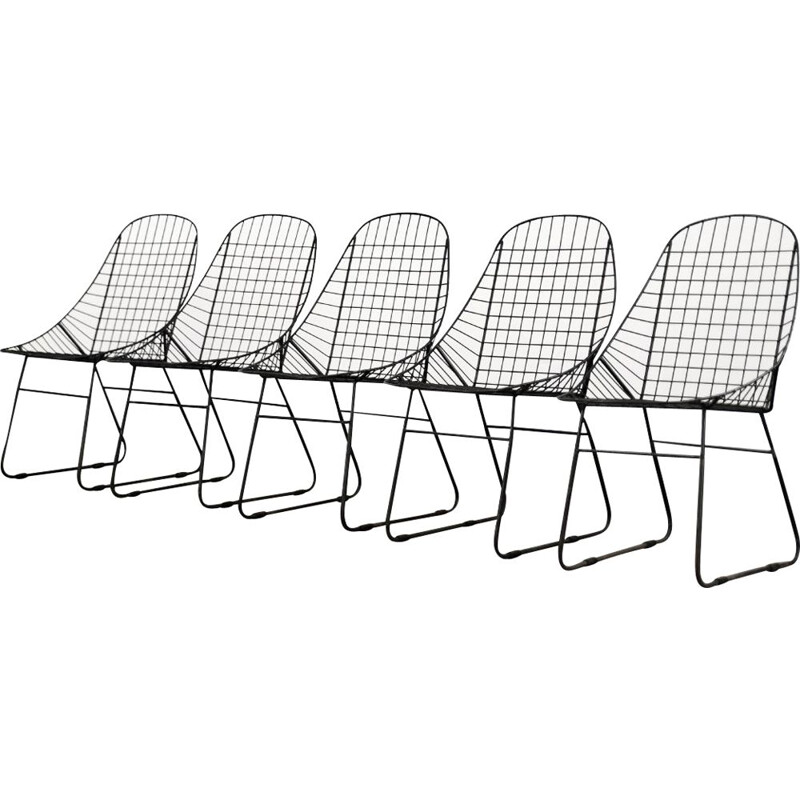 Set of 5 vintage scandinavian mid-century modern minimalist black wire prototype chair, 1960s