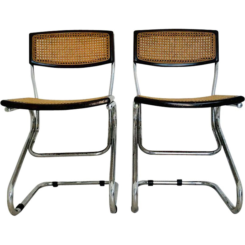 Paar vintage stoelen van hout en stro uit Wenen, 1970